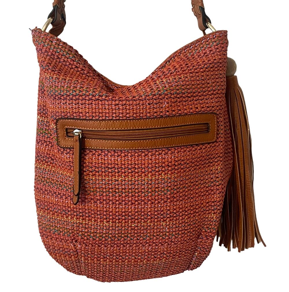 Sondra Roberts Squared Boho Hobo Bag Brown & Orange Multicolor Tassel Braided